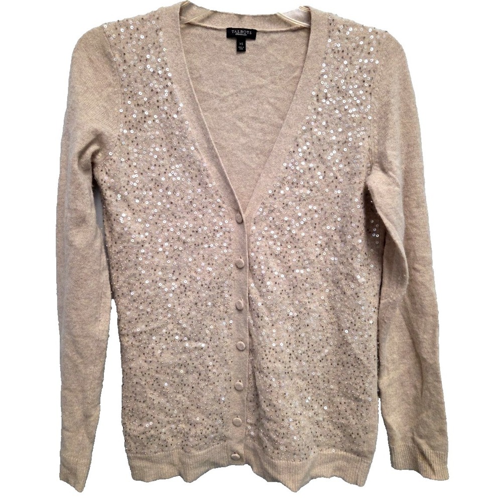 Talbots Cardigan Sweater XS Sequins Beads Button‎ Up Heathered Oatmeal Beige